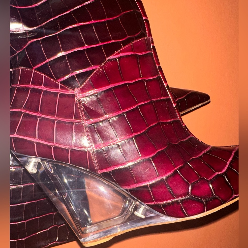 Stuart Weitzman Croc Embossed Leather Wedge Thigh High Boots with Lucite Heel